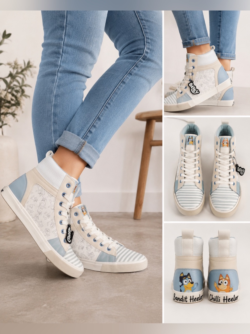 Ground Up Bluey High-Top Sneakers in White & Light Blue w/ Chilli & Bandit